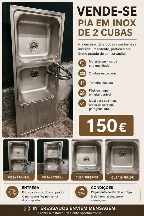 Pia em inox de 2 cuba