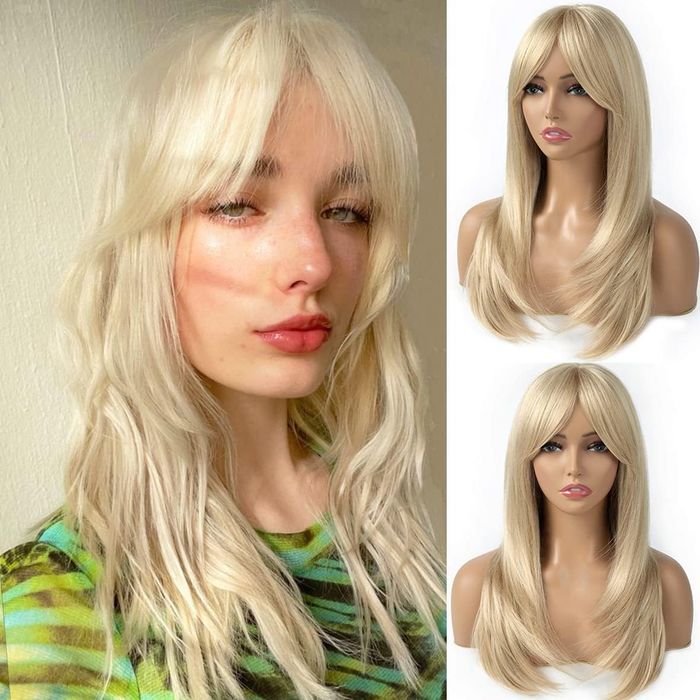 Długa Kręcona Peruka Blond Z Grzywką 22 Cale