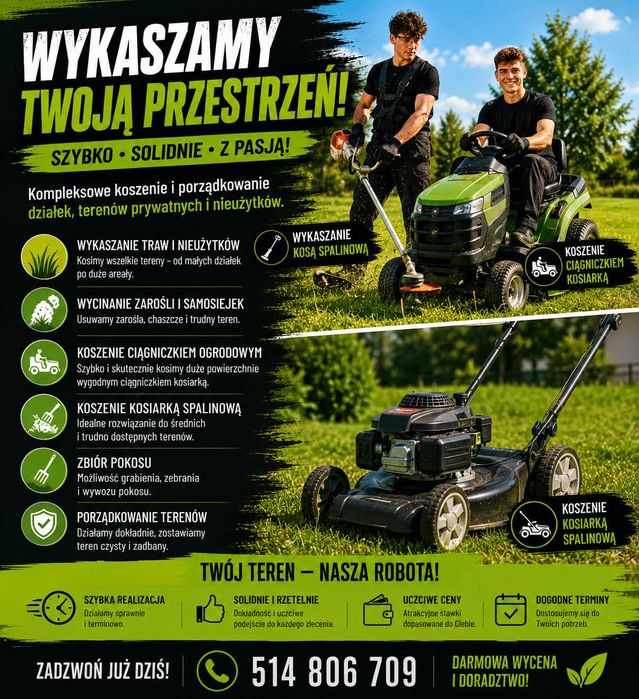 Wykaszanie działek | Kosa spalinowa | Ciągniczek-kosiarka | Płońsk i okolice