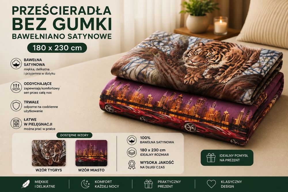 Prześcieradła bez gumki bawełna satyna 180/230