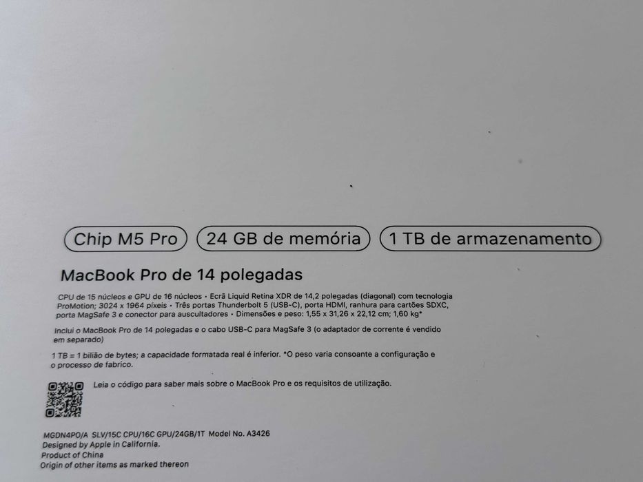 MacBook Pro 14” M5 Pro 24GB / 1TB — Novo, selado, com fatura FNAC