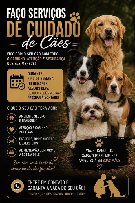 Serviço de hospedagem e cuidados para cães – fins de semana ou dias de semana