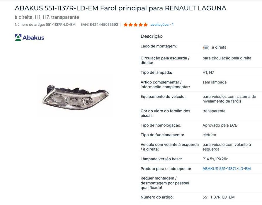 Renault LAGUNA II 03.2001-04.200 Headlight ABAKUS 551_1137R_LD_EM