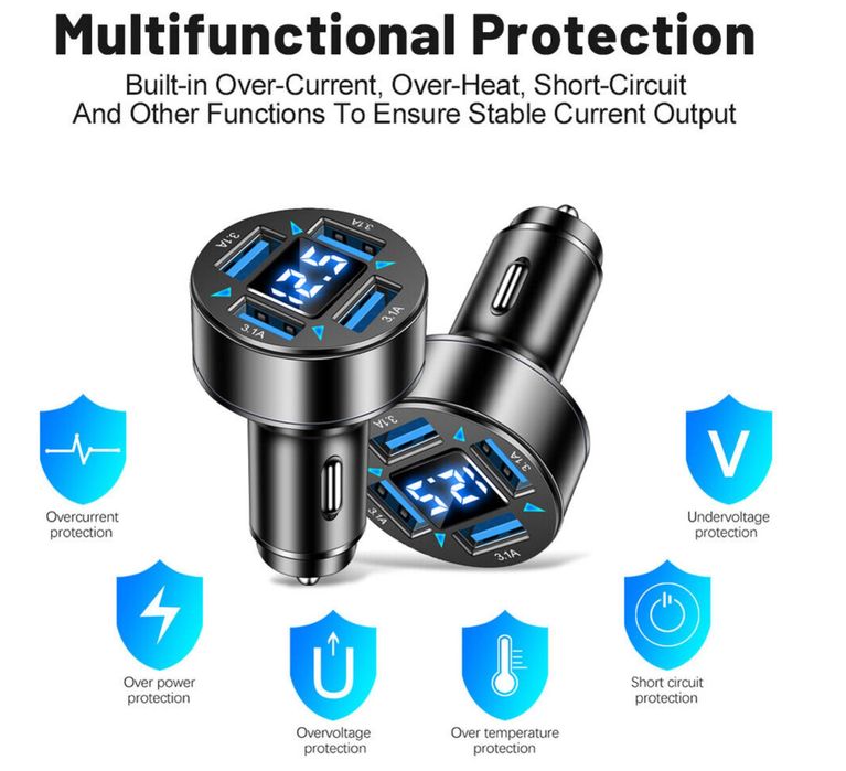 Carregador USB de isqueiro. 4 portas USB. Voltímetro