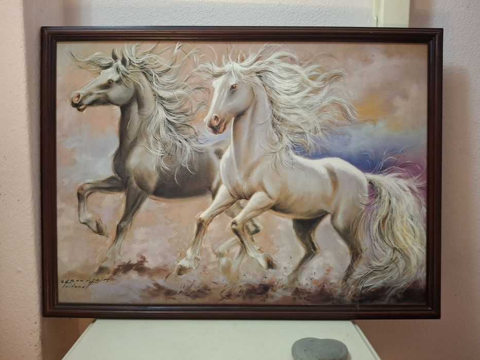 Quadro a Óleo Cavalos Brancos em Corrida Carlo Perini - Milano