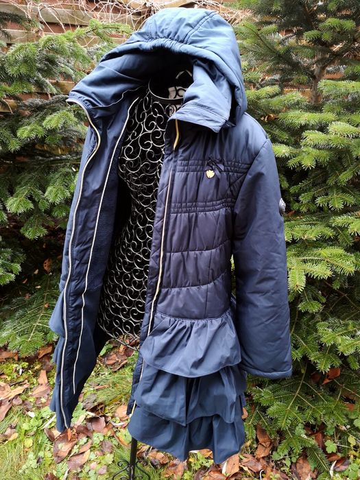 LE Chic Luksusowy płaszczyk 152cm ciemny granat zimowy z kapturem