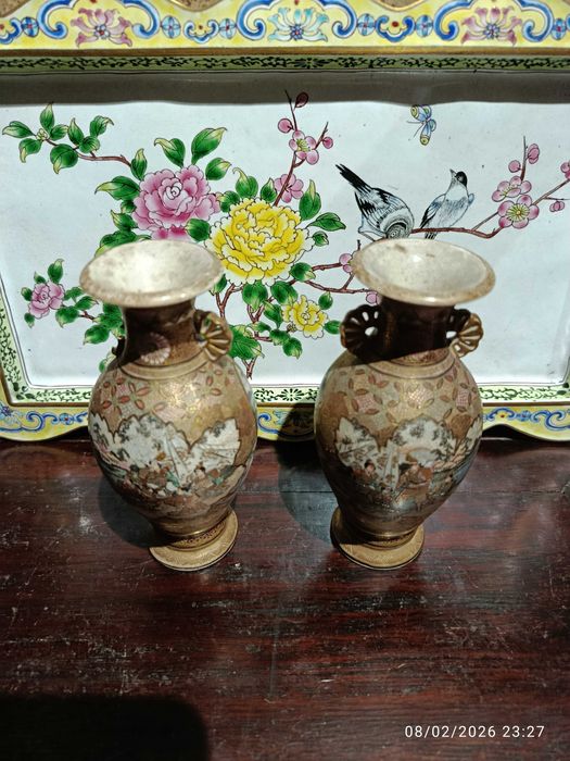 Jarras Vasos Satsuma Imperial Séc XIX 11,5 cm Assinados Hattori