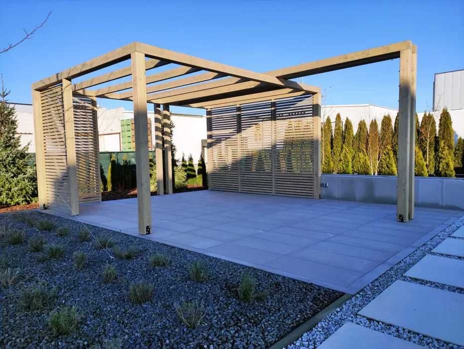 Drewniana pergola, wiata, taras, BSH, drewno klejone, krótkie terminy