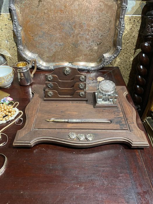 Tinteiro Secretária Pau Santo Prata Portuguesa Javali 31,5 por 23,5 cm