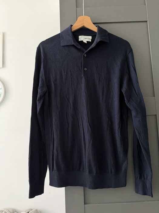 Sweter kolnierzyk wełna polo merino meski s granatowy