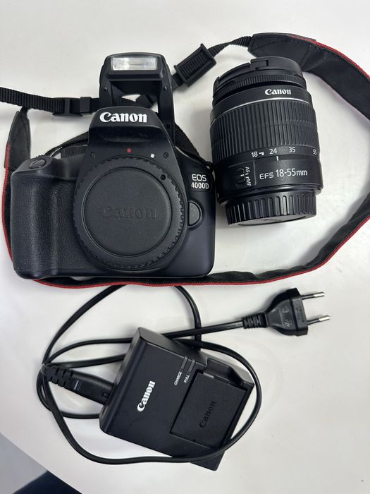Canon EOS 4000D com objetiva, bateria e carregador