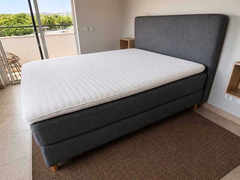 Cama de Casal Estofada Cinza + Colchão 160x200 Limpeza Profissional Incluída