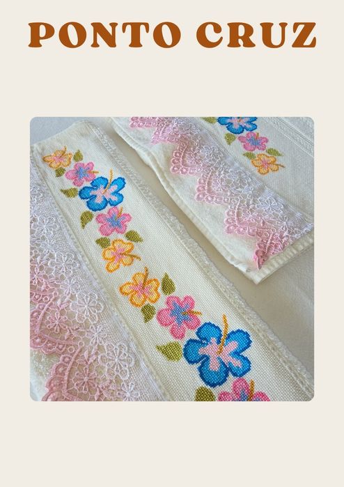 Jogo de toalhas (banho e rosto) bordadas em ponto cruz