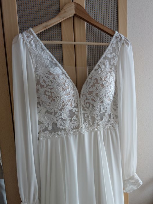 Suknia ślubna muślinowa śmietankowa błyszcząca 36/38 170cm