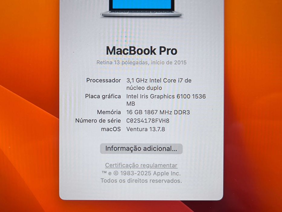 Apple Macbook Pro 13 i7 SSD 256GB 16GB ram Iris Retina# bateria NOVA