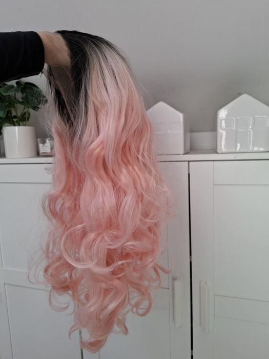 Nowa peruka lace front ombre pink różowa długa gęsta jakość pudrowy ró