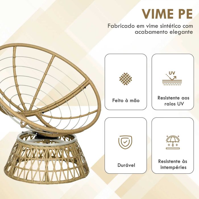 Cadeira de Jardim Papasan Giratória de Vime Sintético com Almofada