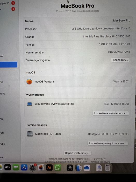 Macbook Pro 13' 2017 i5 16 gb ram, 256 dysk ssd Faktura vat