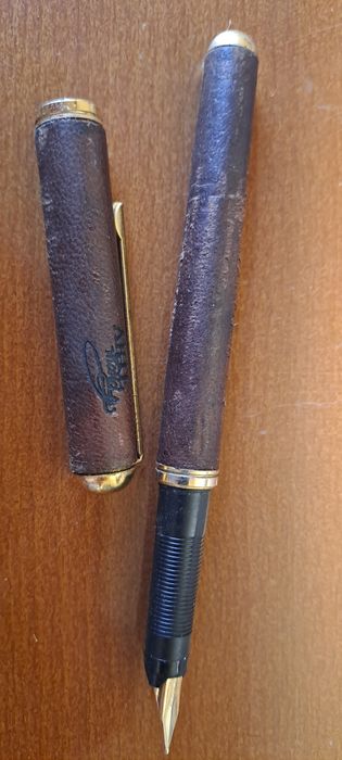 Caneta antiga de tinta em pele de cavalo