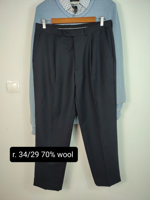 Marks & Spencer Eleganckie Spodnie Męskie 34x29 Wełniane Granatowe Kla