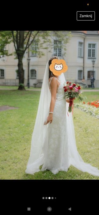 suknia ślubna rybka koronkowa sexy odkryte plecy tren welon dlugi