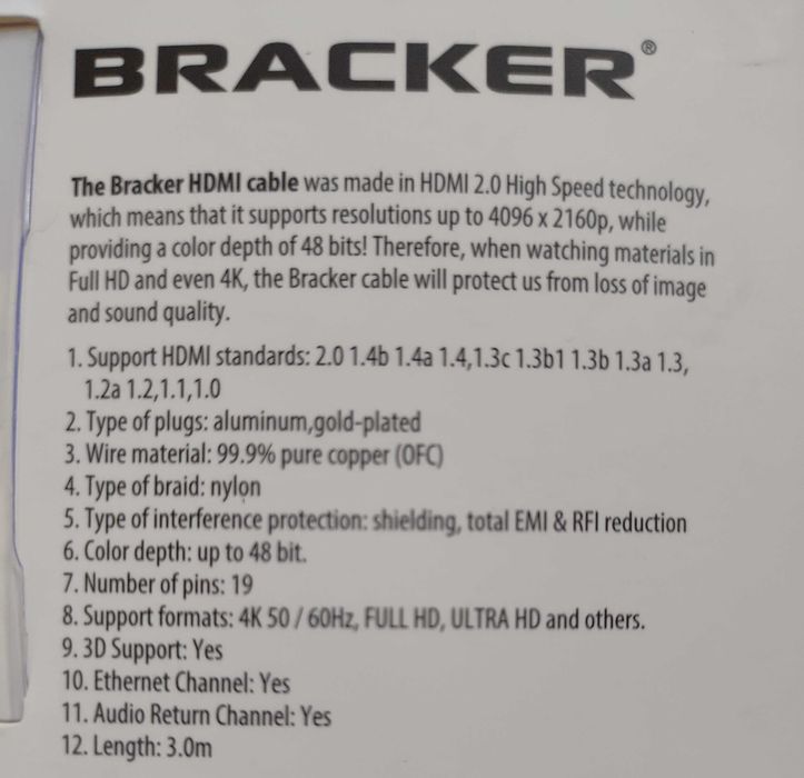 Kabel HDMI marki Bracker. 3 metry