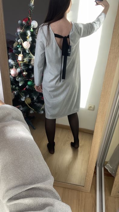 Срібляста нарядна сукня срібна вечірня XL міді платье серое новогоднее