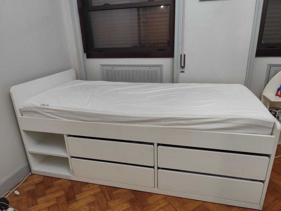 Cama solteiro IKEA, SLÄKT Estrut cama c/ 4 gavetas arrum + estrad ripas, branco, 90x200 cm