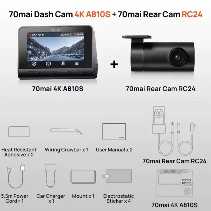 Відеореєстратор 70mai Dash Cam A810S-2 4K + 70mai Rear Cam RC24