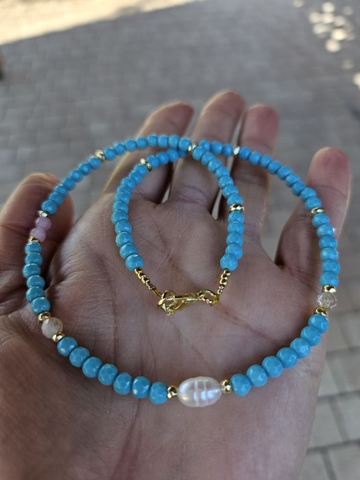 Naszyjnik Choker kamienie naturalne Jadeit Perła naturalna Kryształ