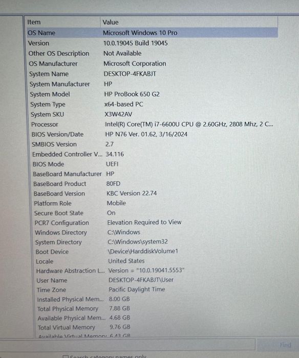 Pc portatil HP i7, 8gb, 256gb ssd, Windows Pro
