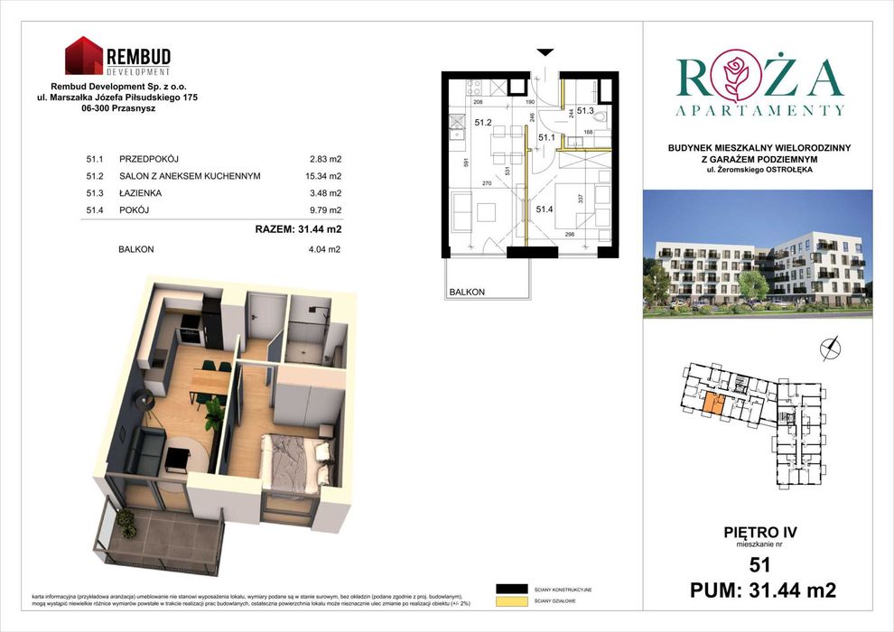 2-pokojowe mieszkanie 31,44 m² APARTAMENTY RÓŻA