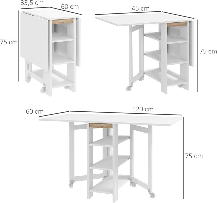 Mesa extensível dobrável com rodas cozinha sala de jantar 120x60x75 cm