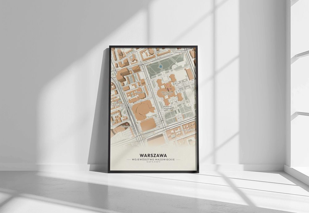 Plakat A3 w ramie mapa Warszawy - nowoczesny poster miasta