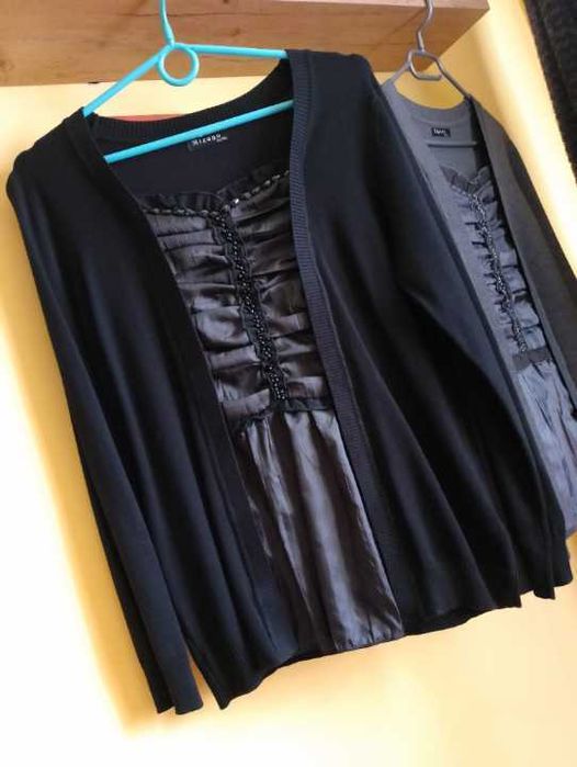 Nowy sweter czarny 42 XL typu 2w1 z wełną/przód satyna