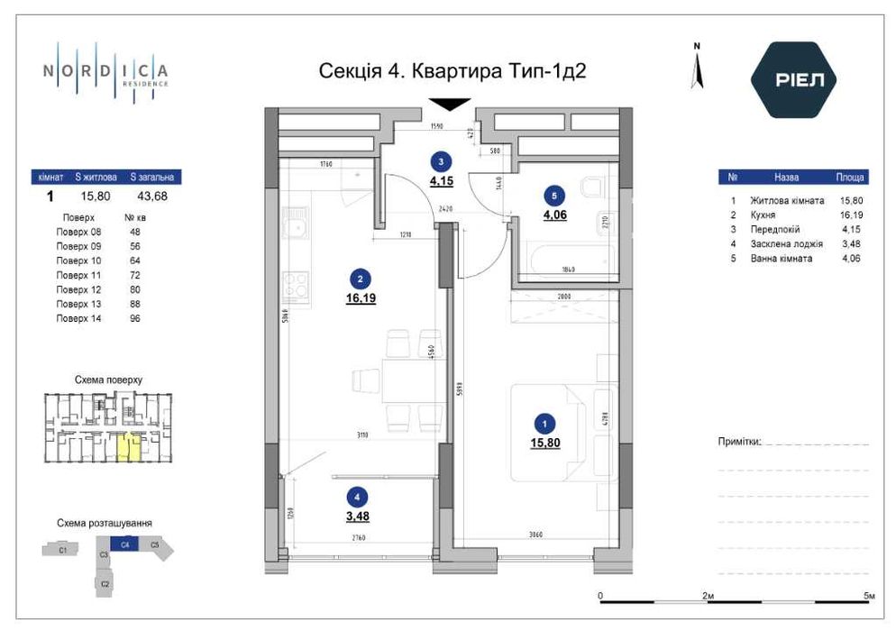 Видова 1-кімнатна квартира 43,68 м² у ЖК Nordica Residence від Забудовника!