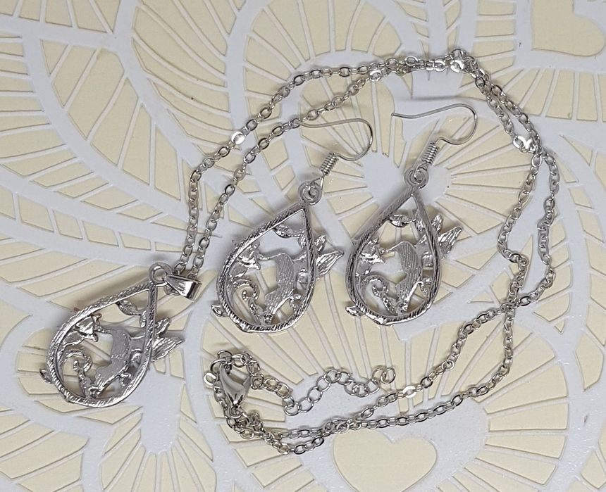 Koliberki ptaszki kwiatki koliberek srebrny komplet naszyjnik kolczyki