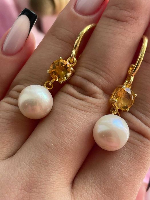 Серьги из белого жемчуга 10мм и цитрина, серебро 925 пробы
