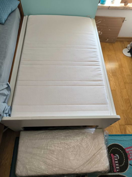 Cama solteiro IKEA SLÄKT extensível c/estrado ripas, branco/turquesa claro - como NOVA
