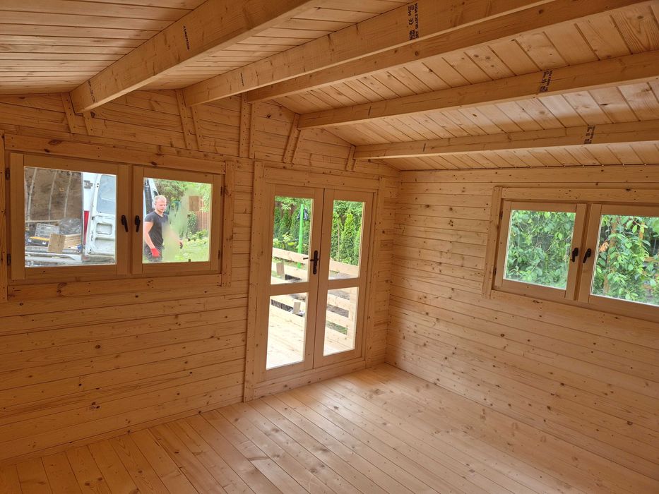 od RĘKI piękny domek drewniany + TARAS* 7m x 4m*28 m2 *SCIANY aż 45 mm