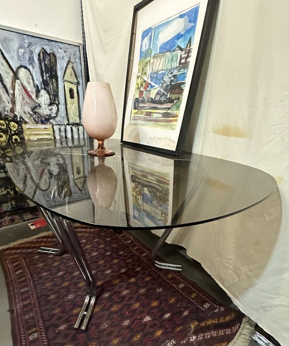 Mesa de Centro/Apoio Vintage Anos 70 – Vidro Fumado e Cromados