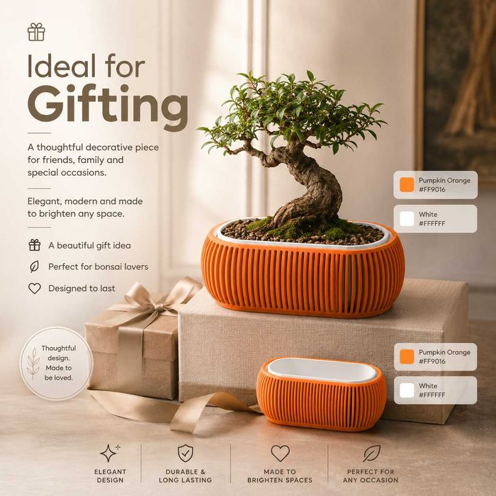 Vaso Ribora para Bonsai | Floreira Decorativa Moderna com Interior Removível | Vaso para Bonsai | Presente para Casa
