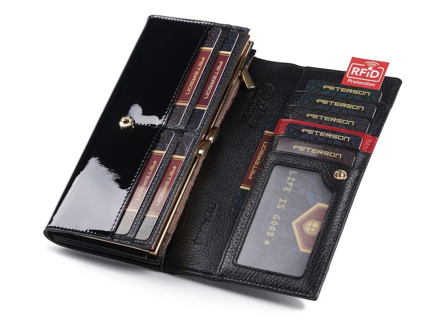 duży skórzany portfel damski z portmonetką na bigiel rfid - peterson