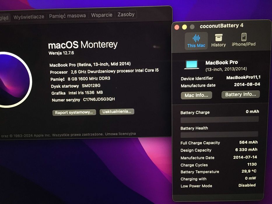Apple Macbook Pro Retina A1502 i5 8GB 2014/15 13.3" tylko części