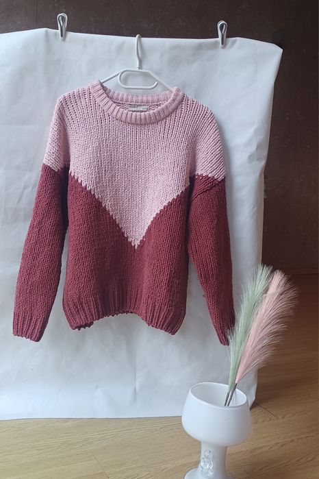 Pull&Bear piękny sweter dziergany różowy bordowy M 38 zima ciepły