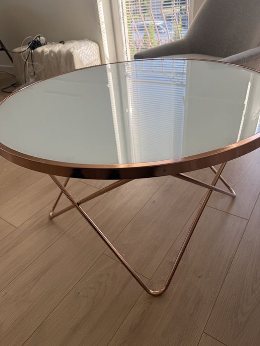 Szklany stolik kawowy 85cm okrągły miedziany metal szkło glamour