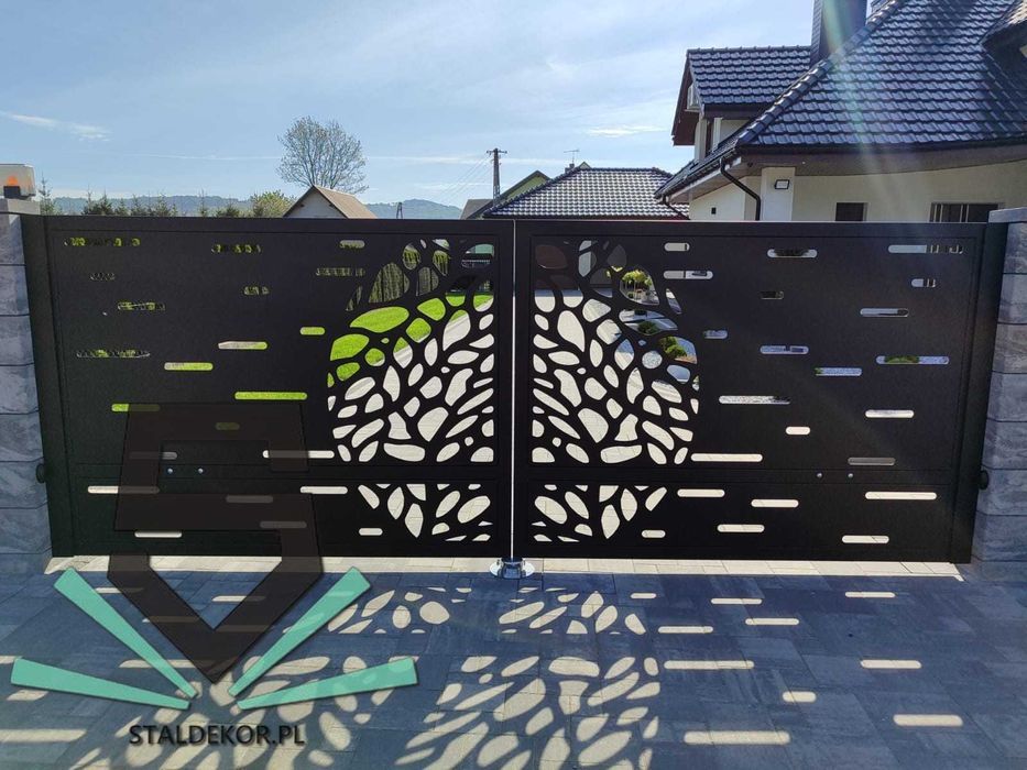 Brama dwuskrzydłowa 4m, 5m, 6m, wycinana laserowo CNC, panelowa.