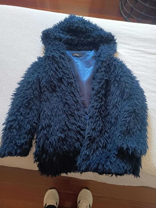 Casaco Felpudo Azul-Escuro com Capuz (Estilo Shaggy) - Natura