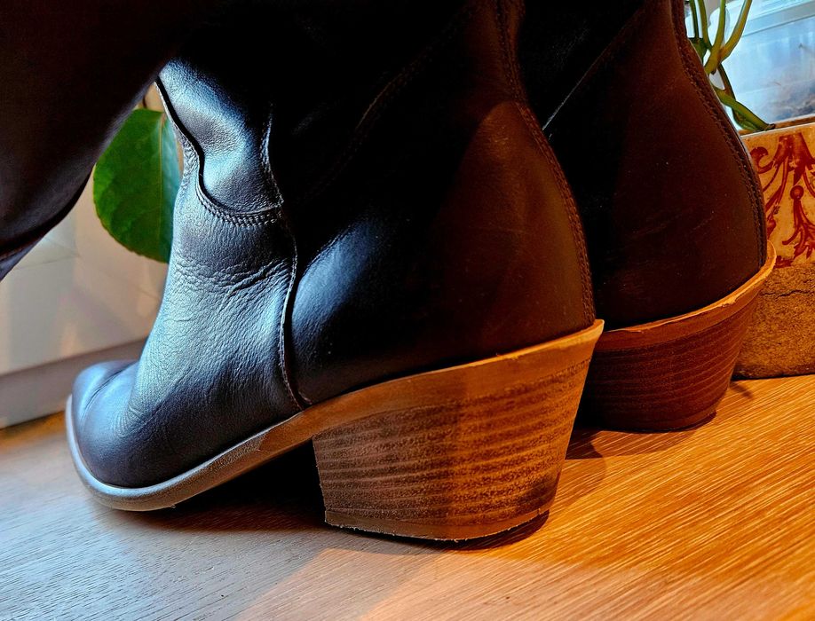 Czekoladowe ciemny brąz kozaki kowbojki do kolan skóra R.Polanski 38