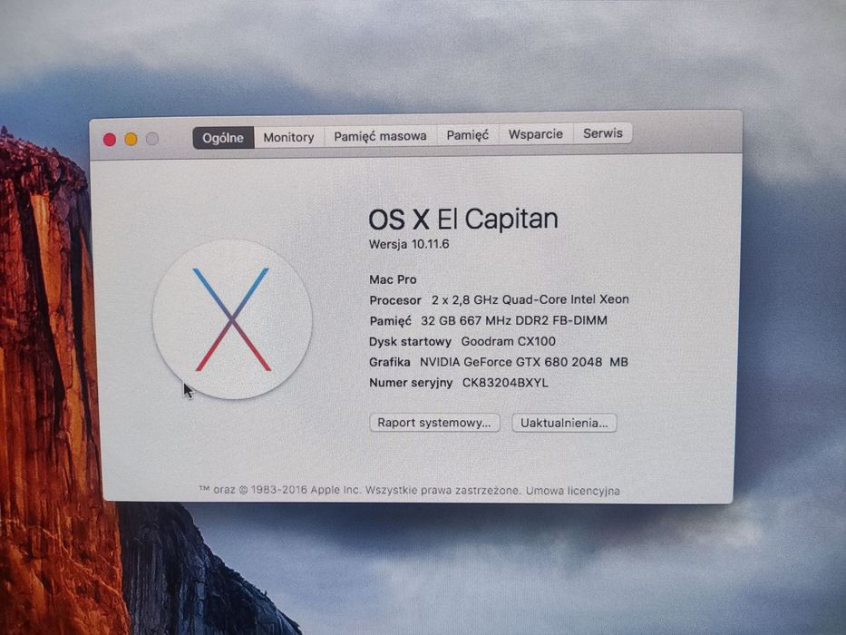 Apple Mac Pro 3.1 32GB; 2xQuad-Core Xeon=8rdzeni 2.8GHz GTX680, SSD